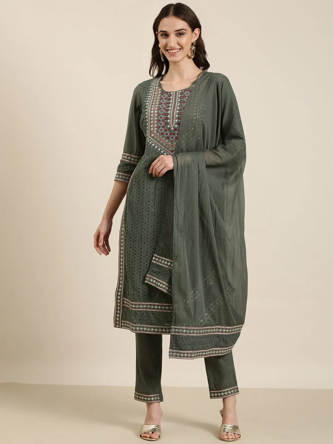 Women Olive Solid Kurta Set