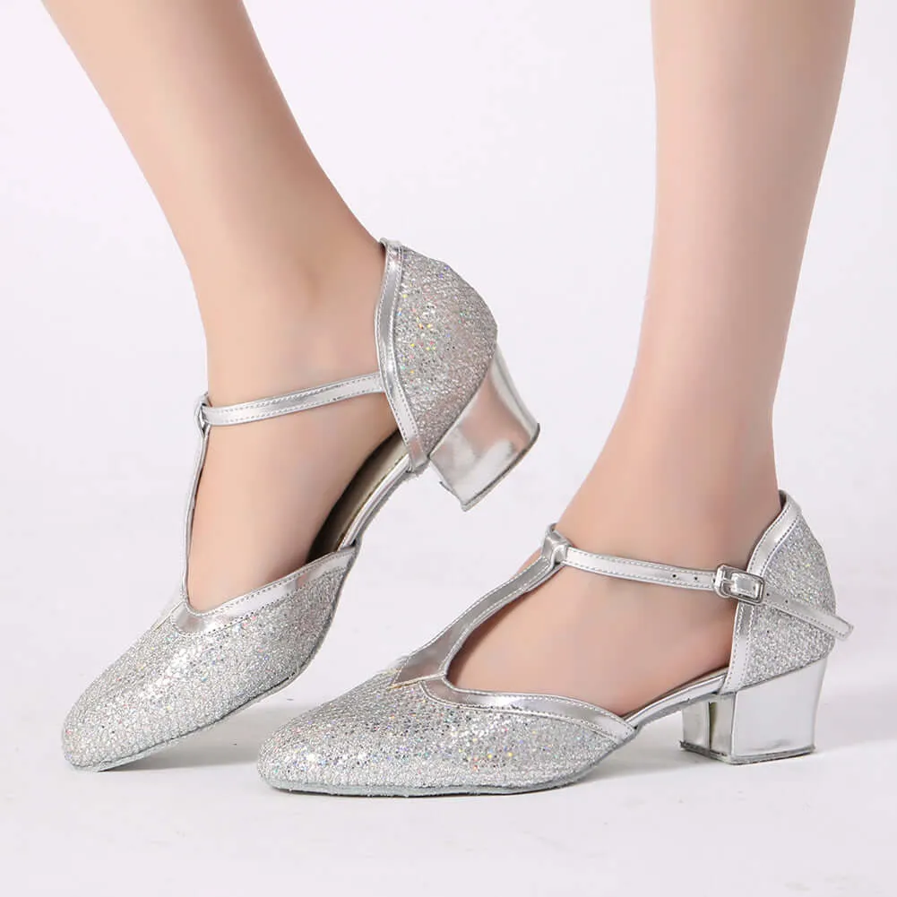 Women's Pumps Ballroom Dance Shoes Suede Sole Closed-toe Party Wedding Footwears Silver Glitter