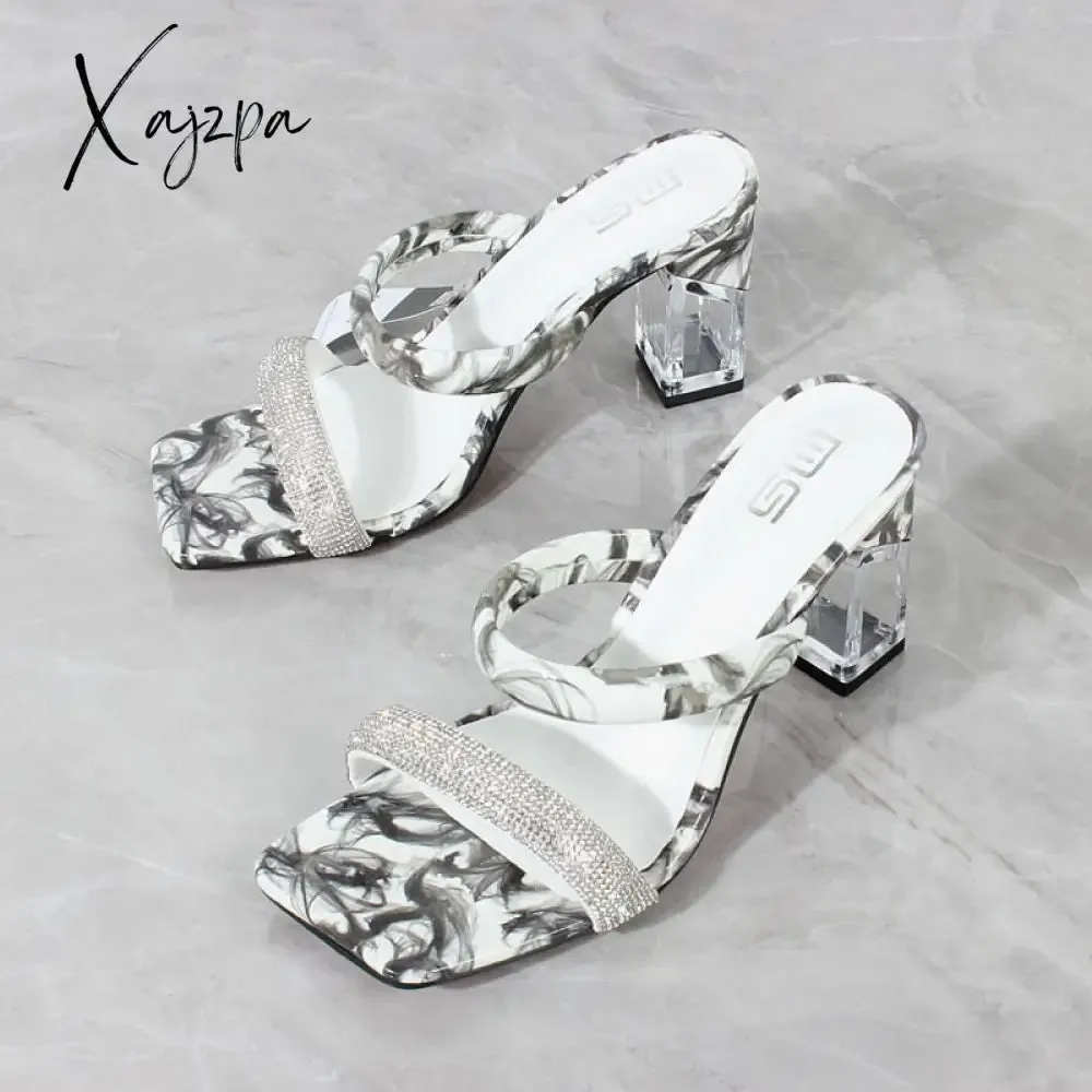 Xajzpa - Fashion Sandals Women Summer New Comfortable Latex Tape Hollow High-heel Sandals Crystal Thick Heels Party Slippers 8.5CM