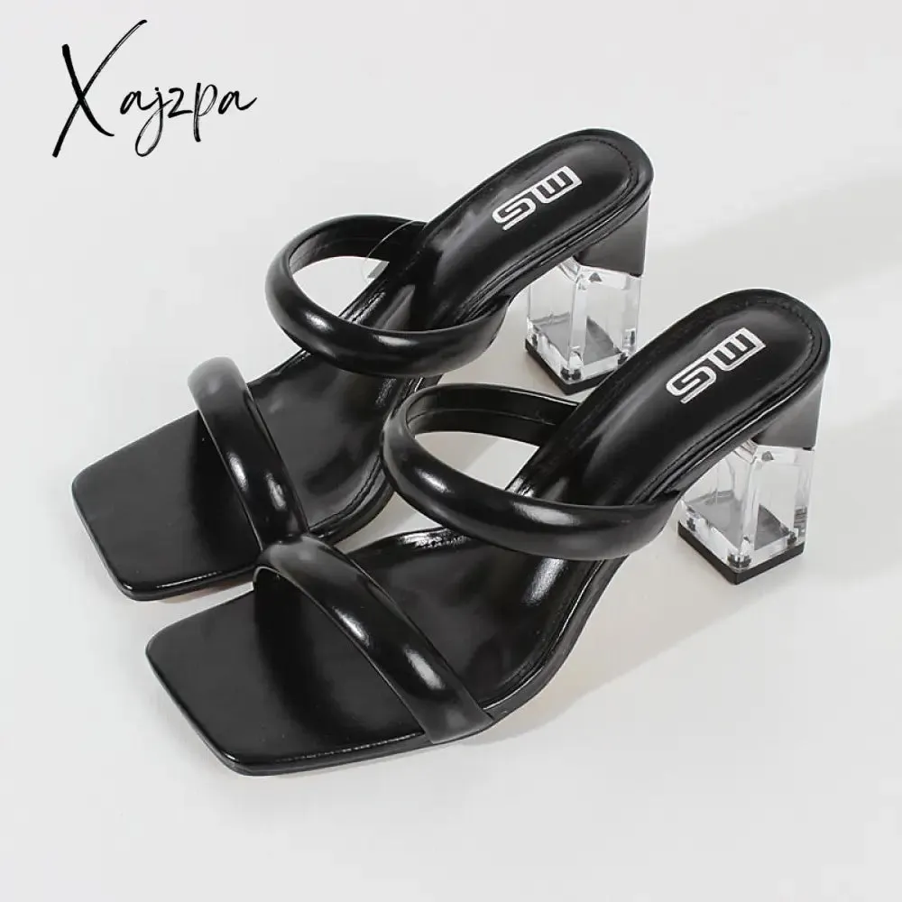 Xajzpa - Fashion Sandals Women Summer New Comfortable Latex Tape Hollow High-heel Sandals Crystal Thick Heels Party Slippers 8.5CM