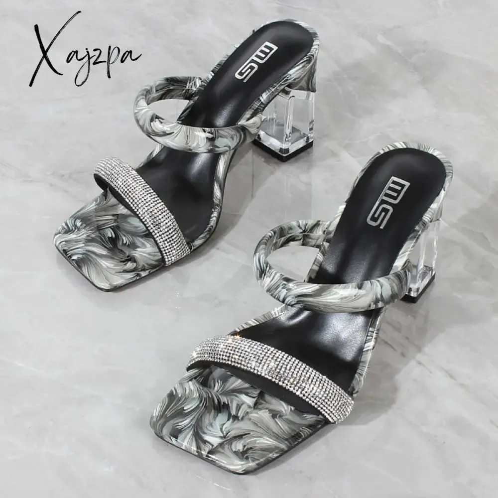 Xajzpa - Fashion Sandals Women Summer New Comfortable Latex Tape Hollow High-heel Sandals Crystal Thick Heels Party Slippers 8.5CM