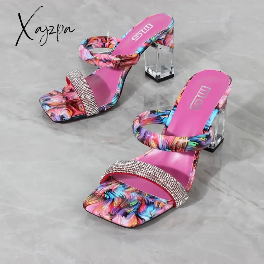 Xajzpa - Fashion Sandals Women Summer New Comfortable Latex Tape Hollow High-heel Sandals Crystal Thick Heels Party Slippers 8.5CM