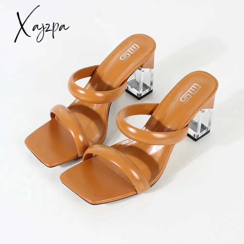 Xajzpa - Fashion Sandals Women Summer New Comfortable Latex Tape Hollow High-heel Sandals Crystal Thick Heels Party Slippers 8.5CM