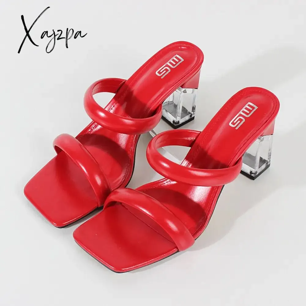 Xajzpa - Fashion Sandals Women Summer New Comfortable Latex Tape Hollow High-heel Sandals Crystal Thick Heels Party Slippers 8.5CM