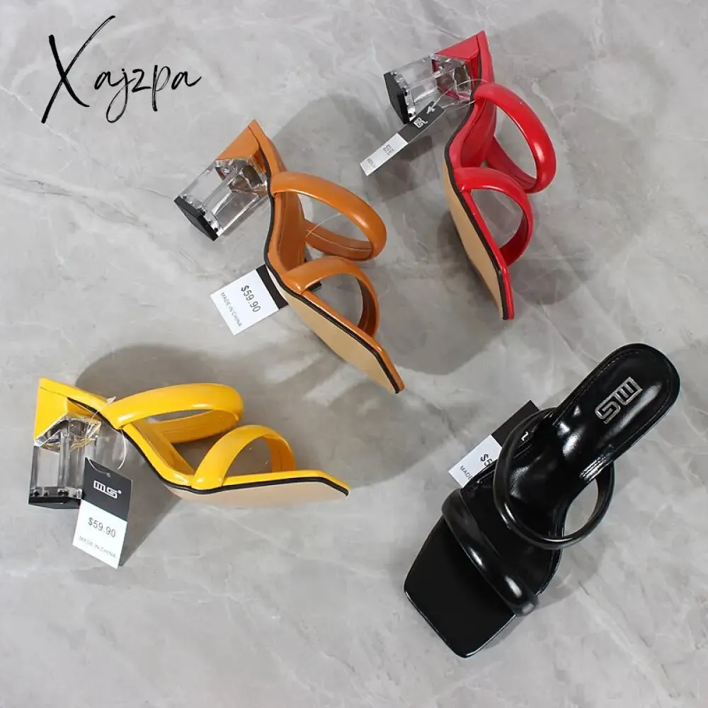 Xajzpa - Fashion Sandals Women Summer New Comfortable Latex Tape Hollow High-heel Sandals Crystal Thick Heels Party Slippers 8.5CM