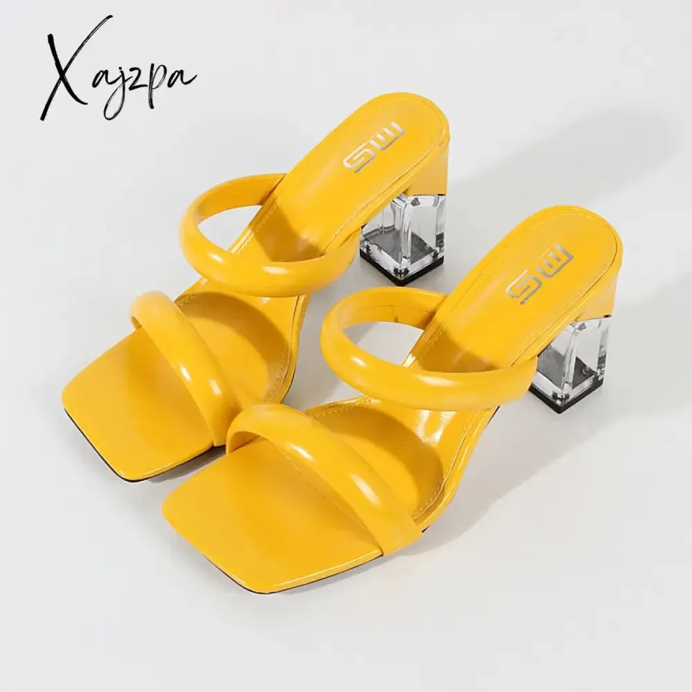 Xajzpa - Fashion Sandals Women Summer New Comfortable Latex Tape Hollow High-heel Sandals Crystal Thick Heels Party Slippers 8.5CM