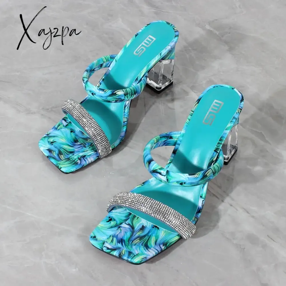 Xajzpa - Fashion Sandals Women Summer New Comfortable Latex Tape Hollow High-heel Sandals Crystal Thick Heels Party Slippers 8.5CM